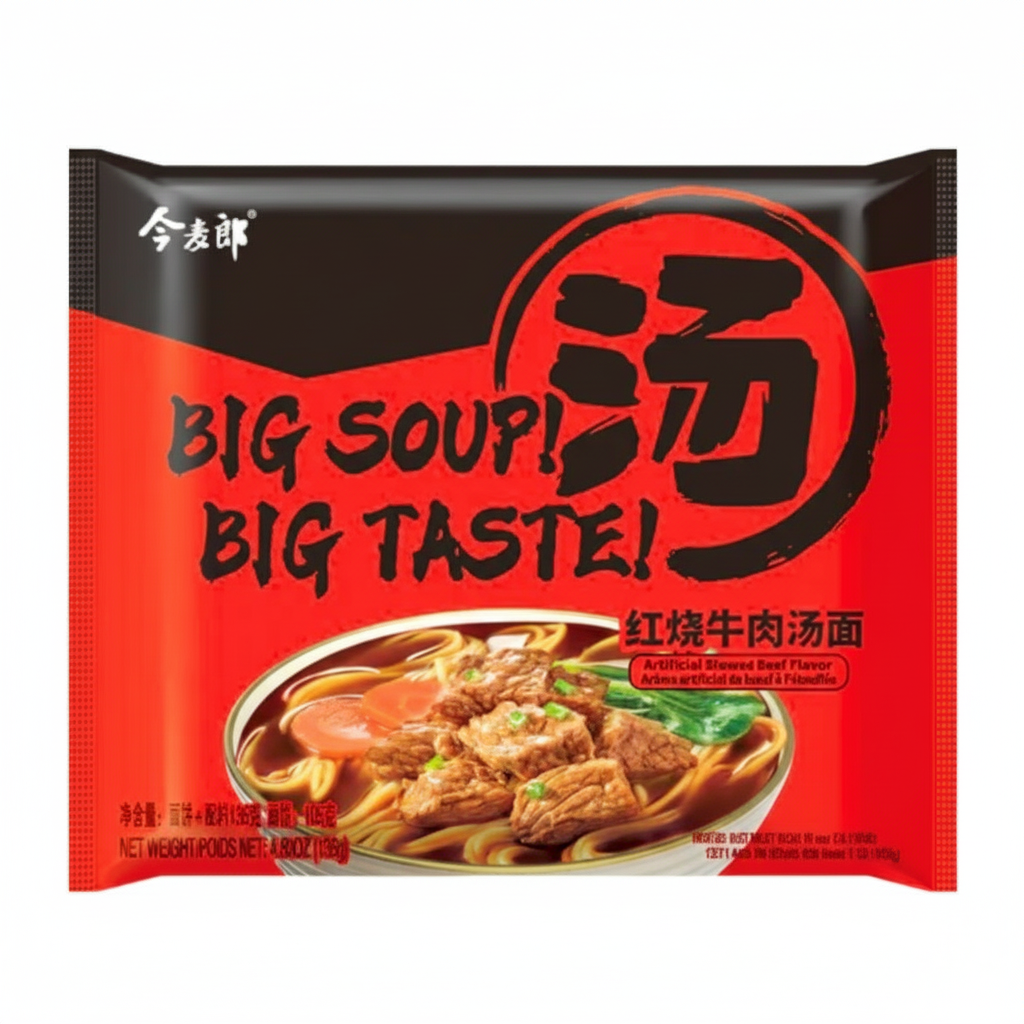 Red package of noodles with beef and noodles, featuring 'Big Soup! Big Taste!' text, on a white background.
