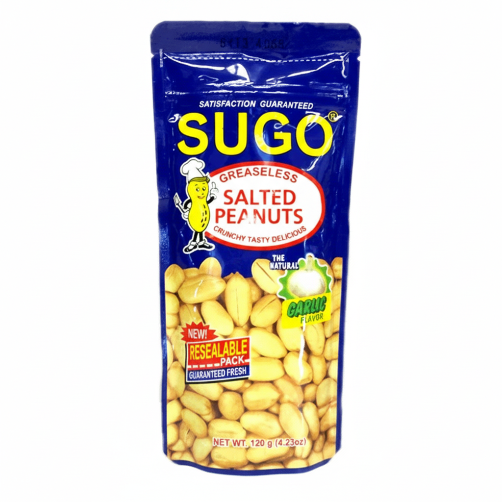 Packaged peanuts with Sugo branding on a white background