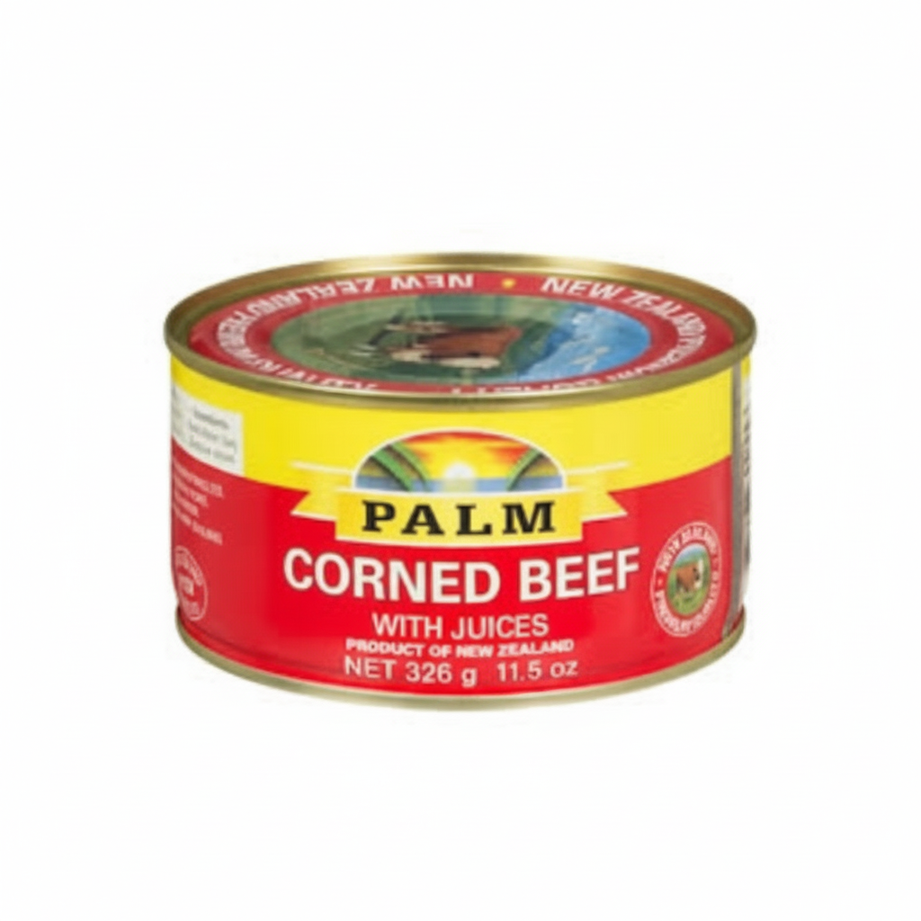 Can of Palm Corned Beef with Juices on a white background