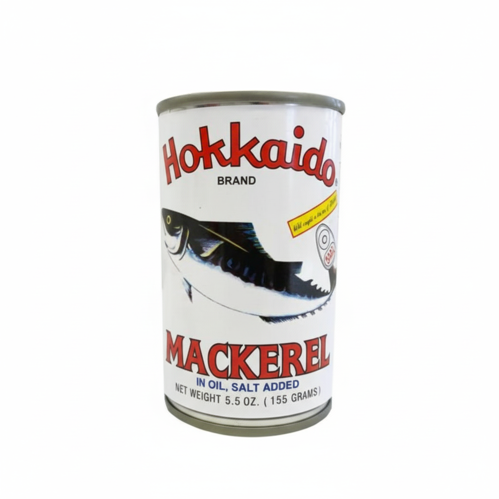 Can of Hokkaido Brand Mackerel in Oil with Salt Added on a white background