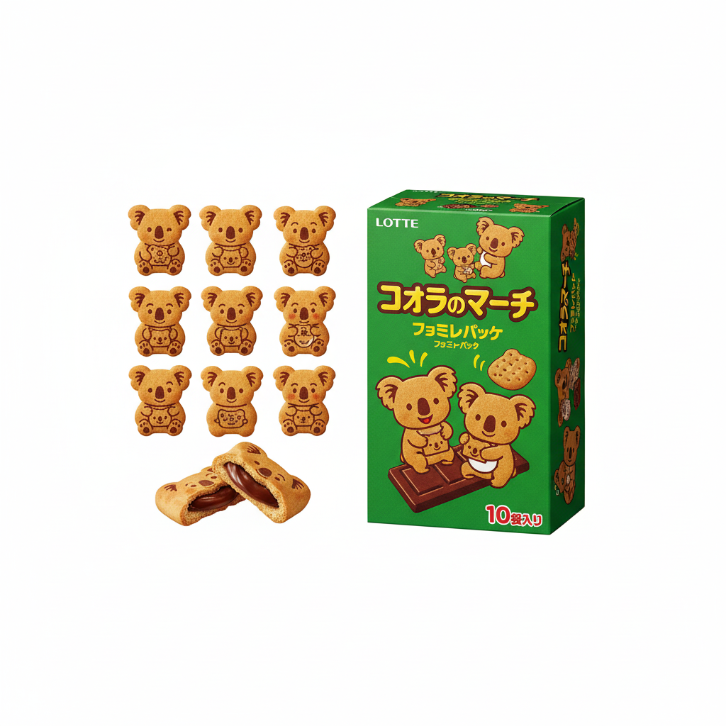 Box of Lotté Koala March chocolate with individual pieces displayed on a white background.