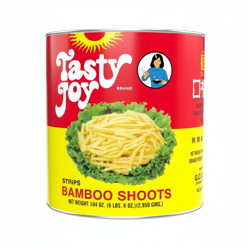 Tasty Joy brand can of bamboo shoots on a white background