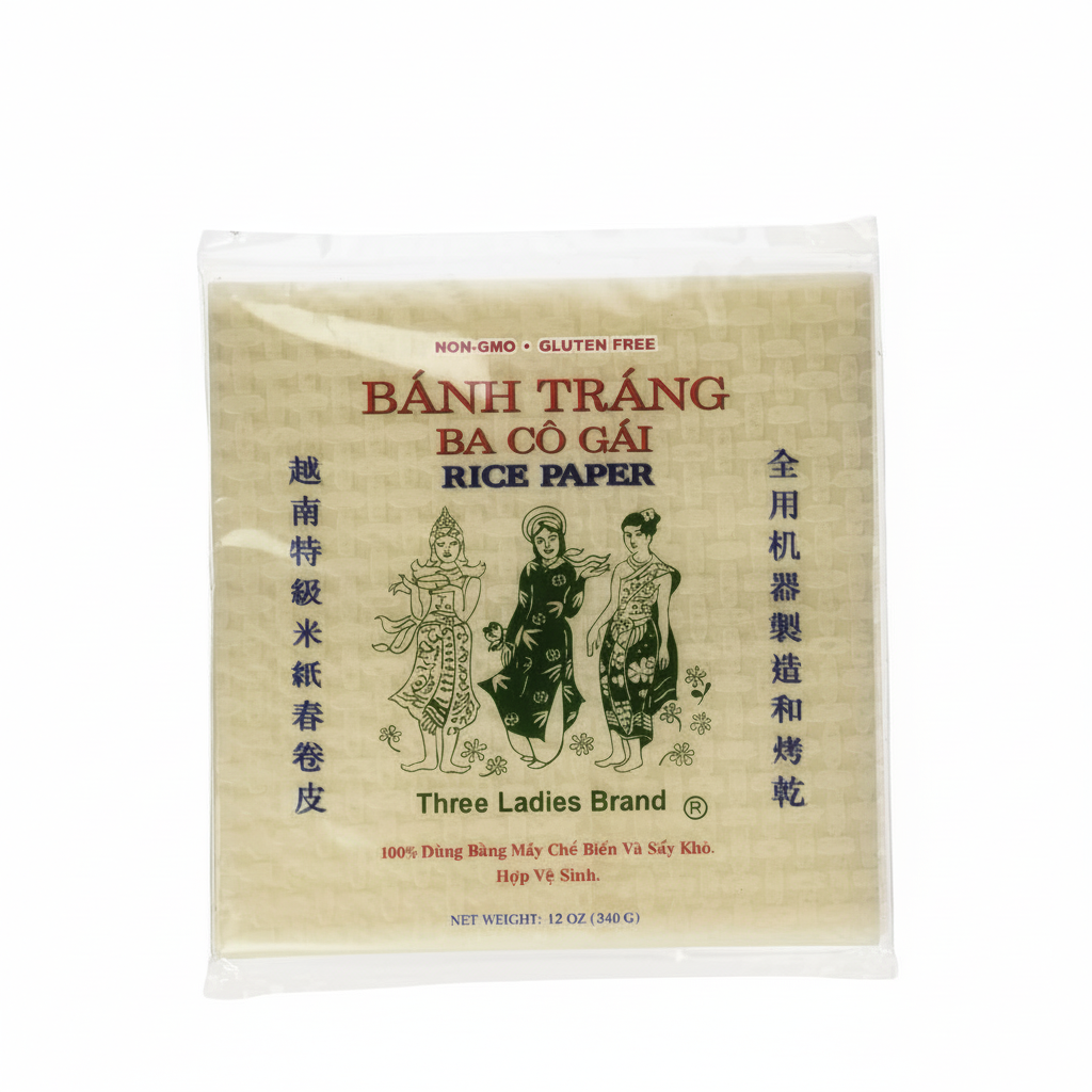 Three Ladies Brand Banh Trang rice paper package on a white background