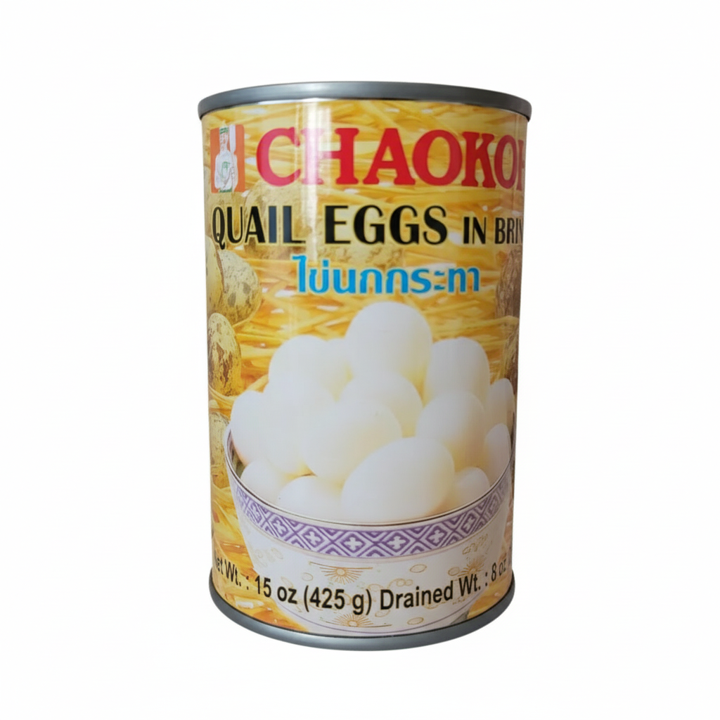 Can of Chaokow quail eggs in brine on a white background