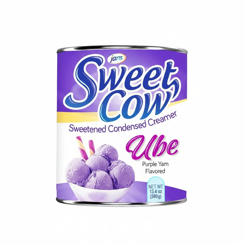 Can of Jans Sweet Cow Ube sweetened condensed creamer on a white background