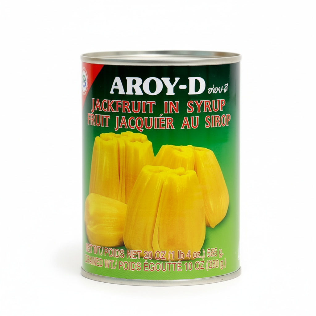 Can of Aroy-D Jackfruit in Syrup on a white background