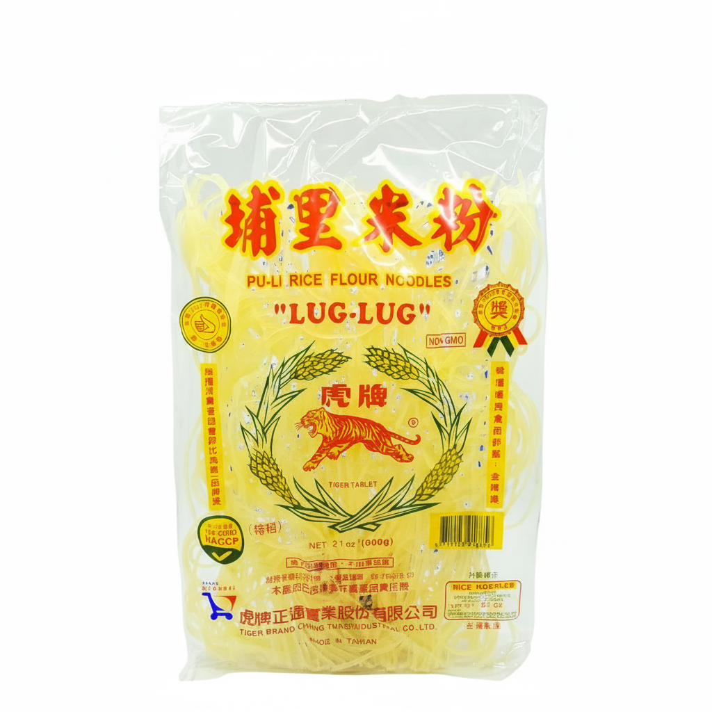 Packaged rice flour noodles with brand logo on a white background