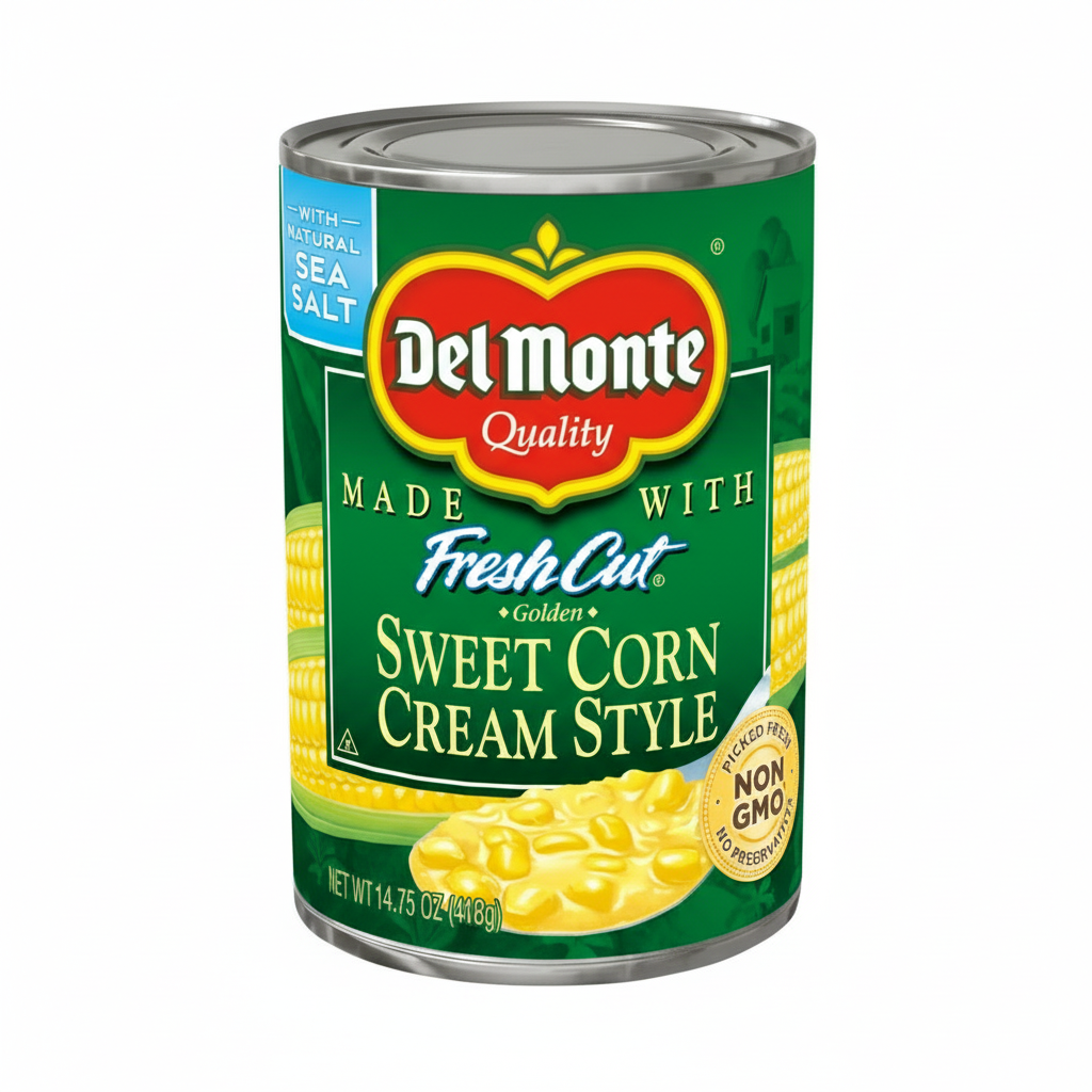 Can of Del Monte Sweet Corn Cream Style on a white background