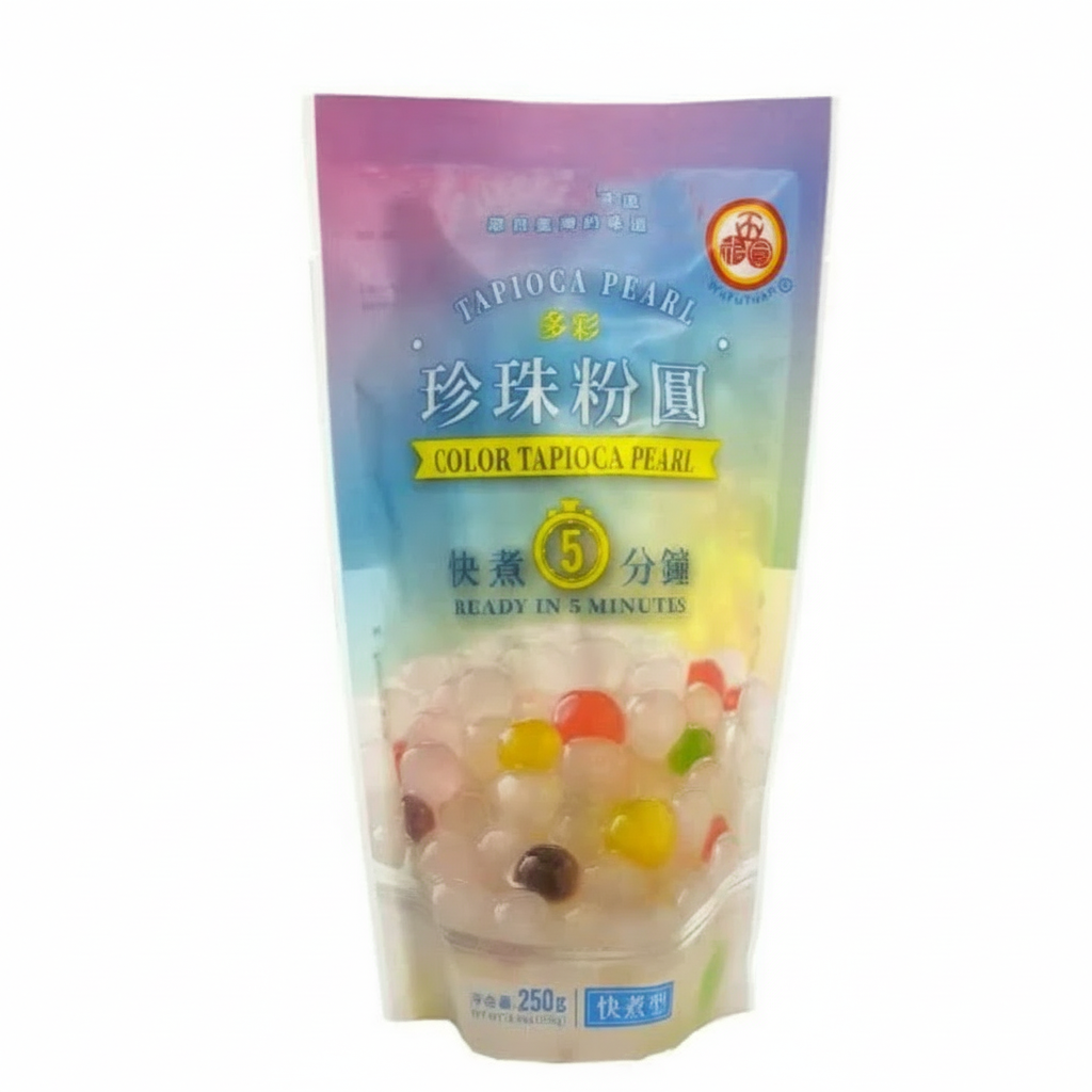 Package of color tapioca pearls with colorful design on a white background