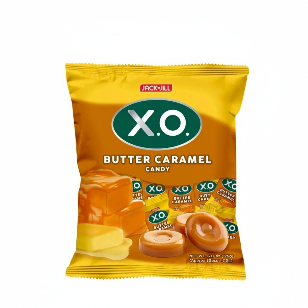 Packaging of X.O Butter Caramel candy by Jack 'n Jill on a white background