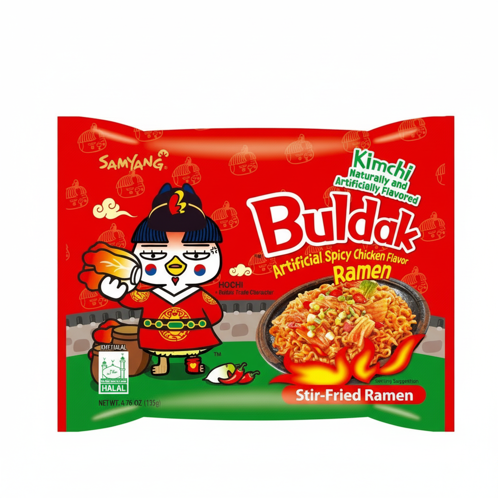 Samyang Kimchi Bulgak Artificial Spicy Chicken Flavor Ramen package with cartoon character on red background