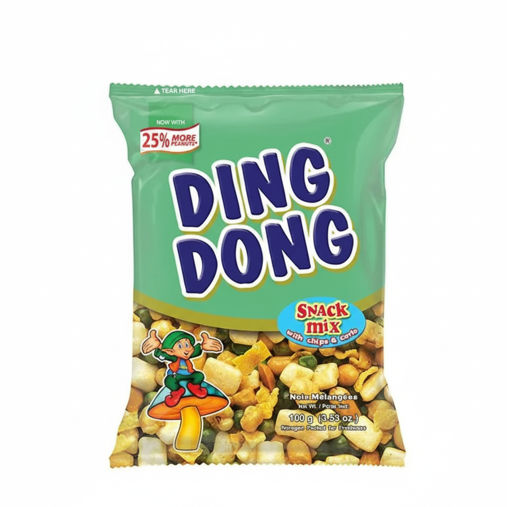 Ding Dong snack mix packaging with a character on a green background