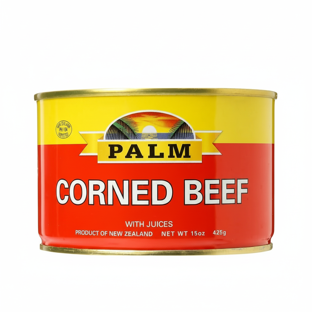 Can of Palm Corned Beef with Juices on a white background