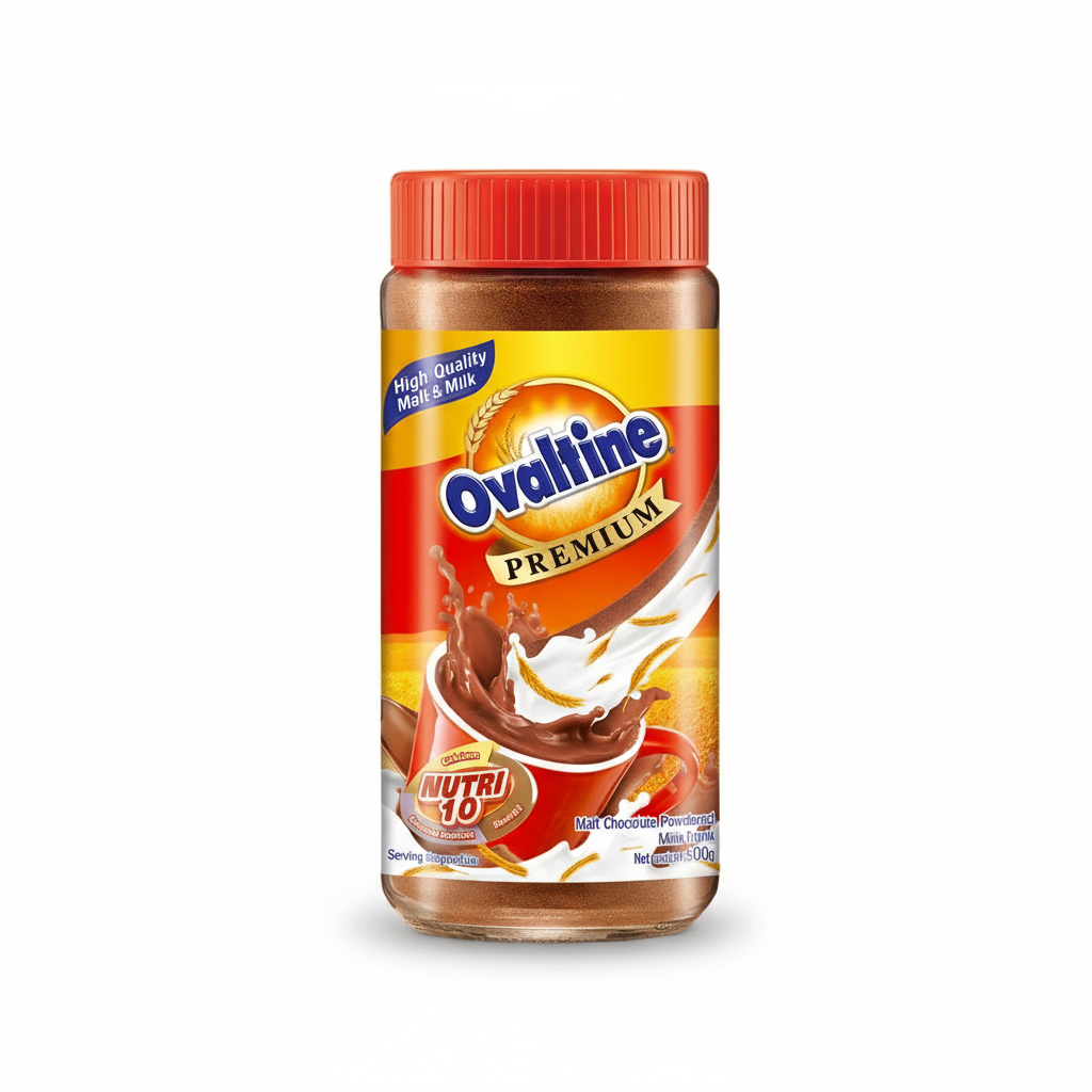 Ovaltine Premium chocolate drink mix jar on a white background