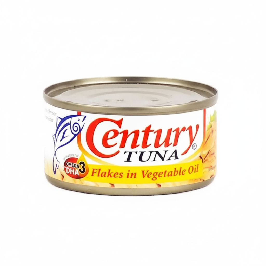 Can of Century Tuna Flakes in Vegetable Oil on a white background