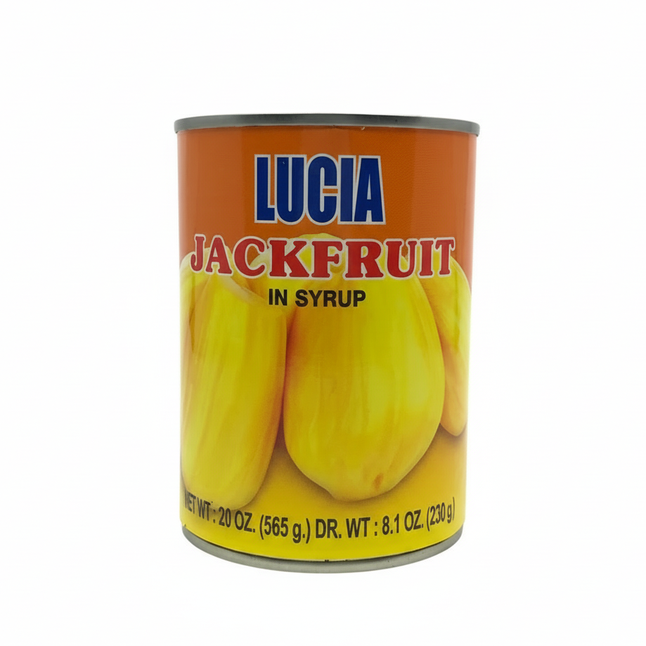 Can of Lucia Jackfruit in Syrup on a white background