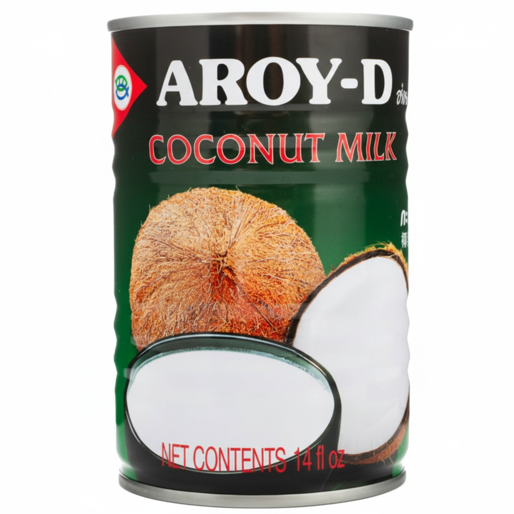Can of Aroy-D coconut milk with a green background