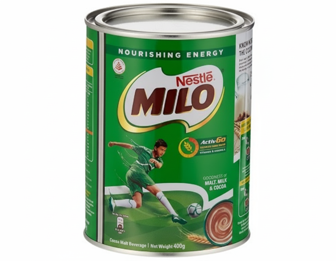 Nestle Milo can with green and silver design on a white background