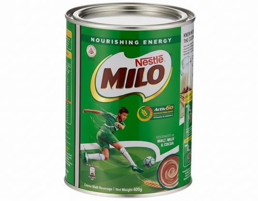 Nestle Milo can with green and silver design on a white background