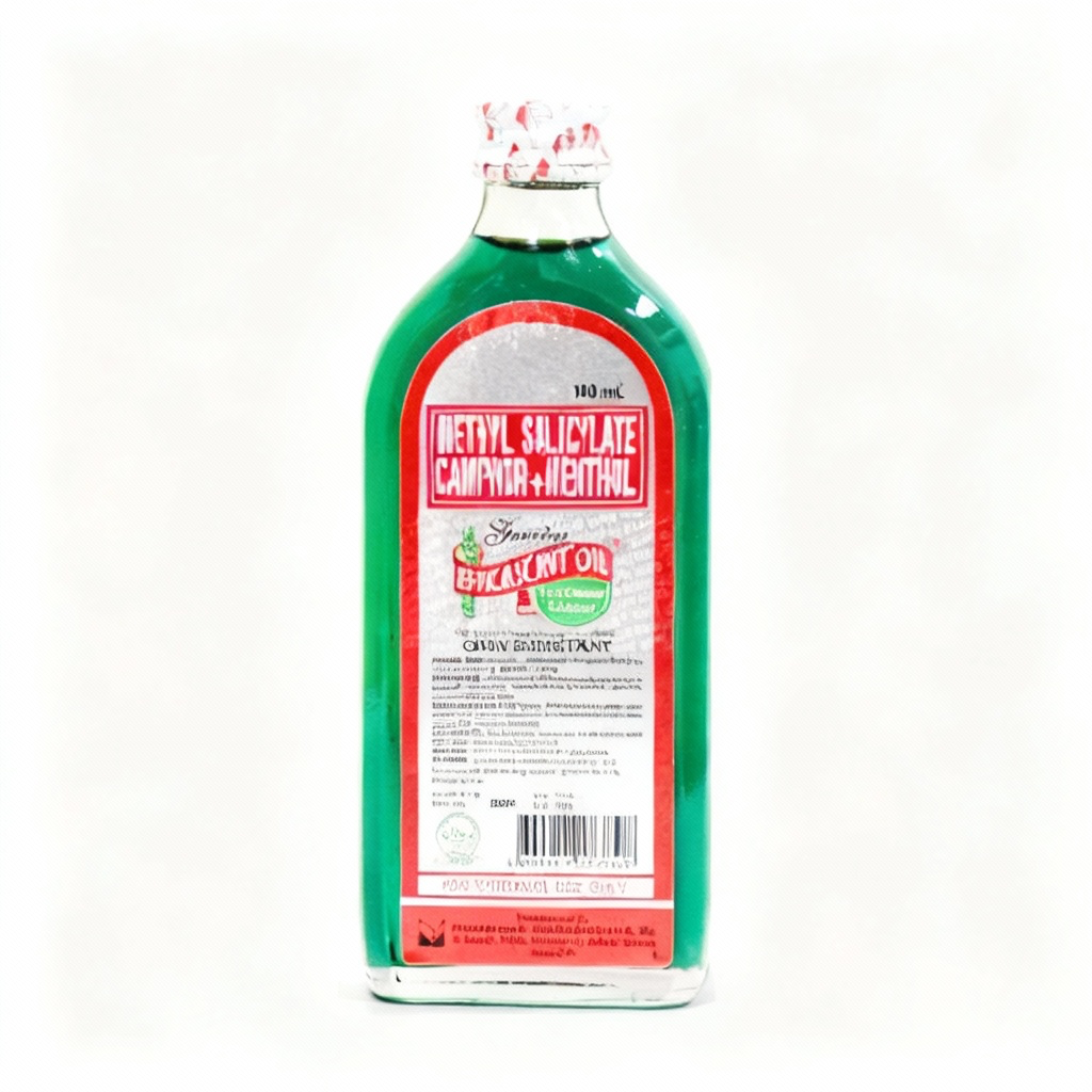 Bottle of Efficacient Oil with red label on a white background