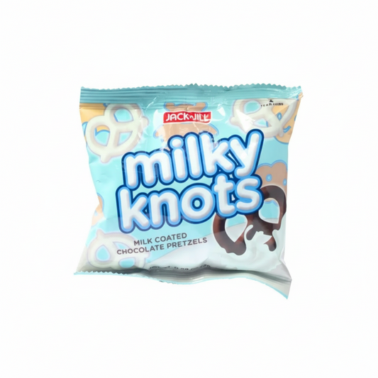 Packaging of Jacknife Milky Knots milk coated chocolate pretzels on a white background