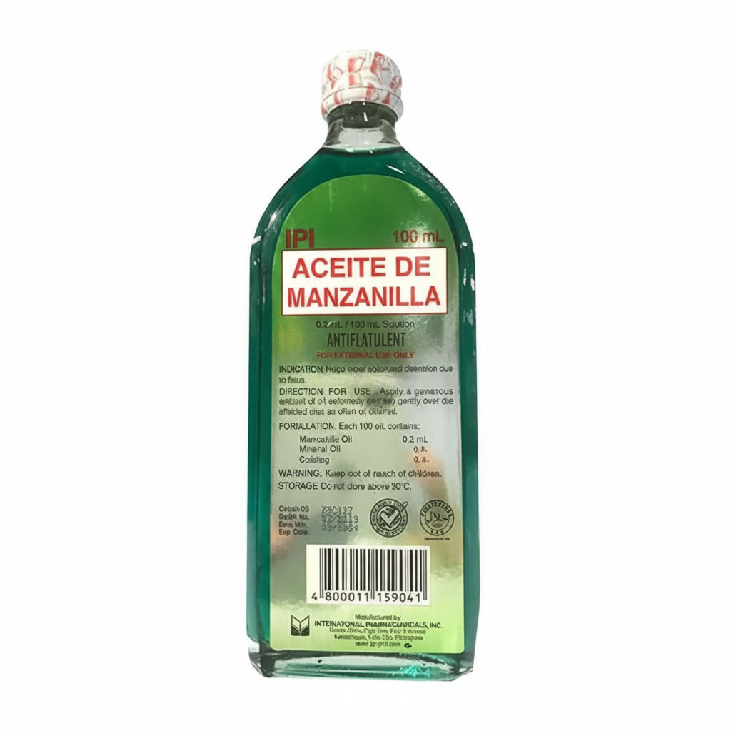 Bottle of Aceite de Manzanilla with a green label on a white background, featuring the Mayo Filipino Store logo.