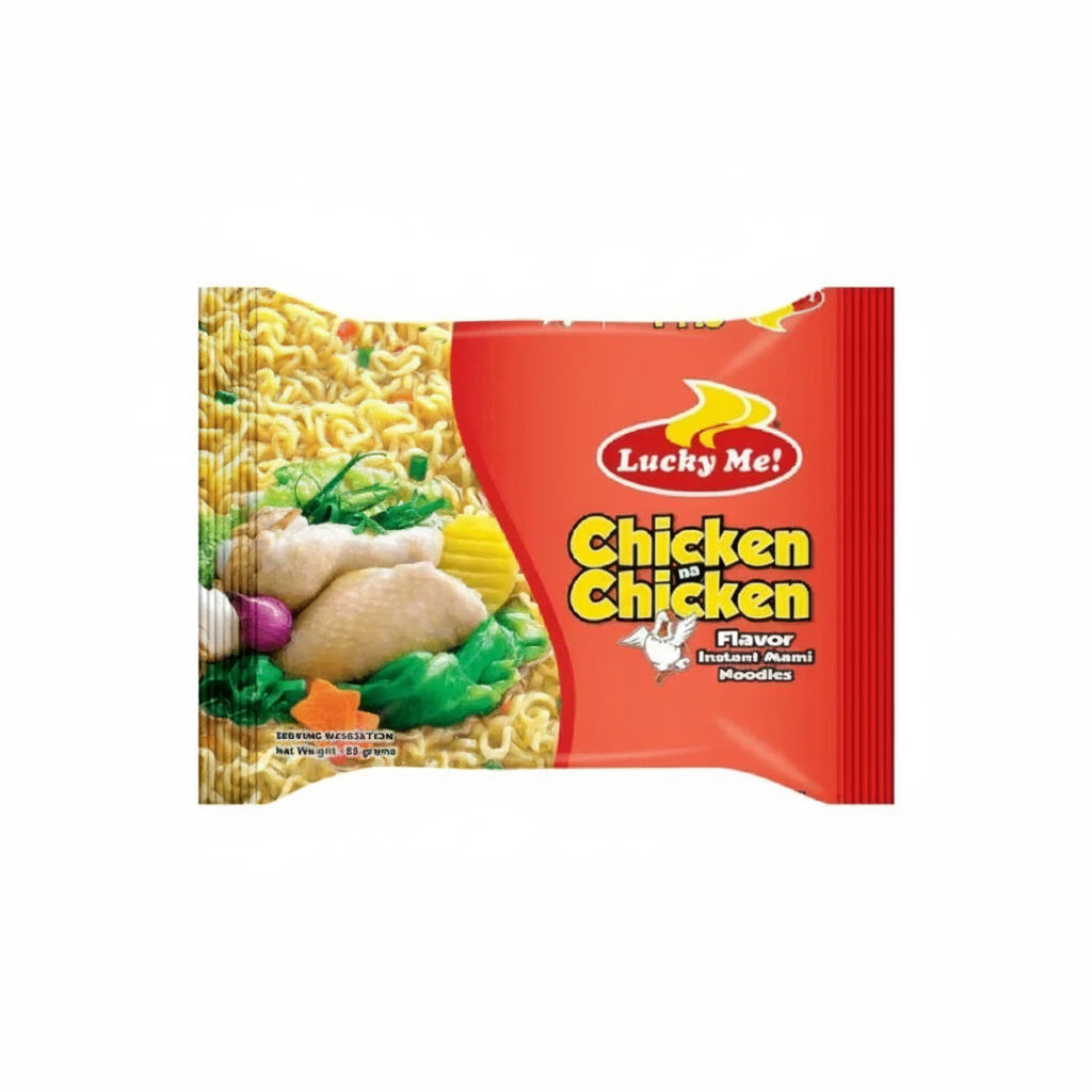 Packaged noodles with Lucky Me! branding on a white background