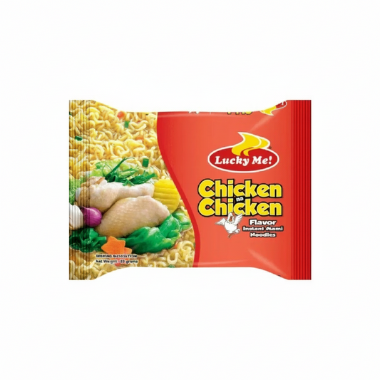 Packaged noodles with Lucky Me! branding on a white background