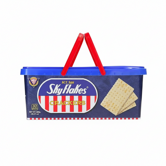 Sky Halves crackers packaging with red handles on a white background, featuring the M.Y. San brand.