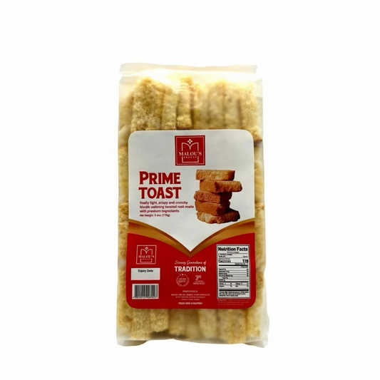 Packaged Prime Toast with Malou's Bakery branding on a white background