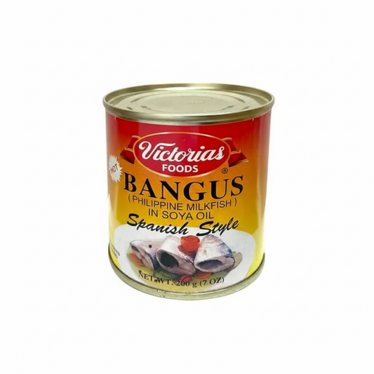 Can of Victorias Foods Bangus in Soya Oil on a white background
