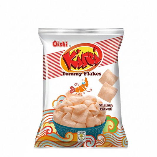 Oishi Kared Yummy Flakes Shrimp Flavor packaging on a white background
