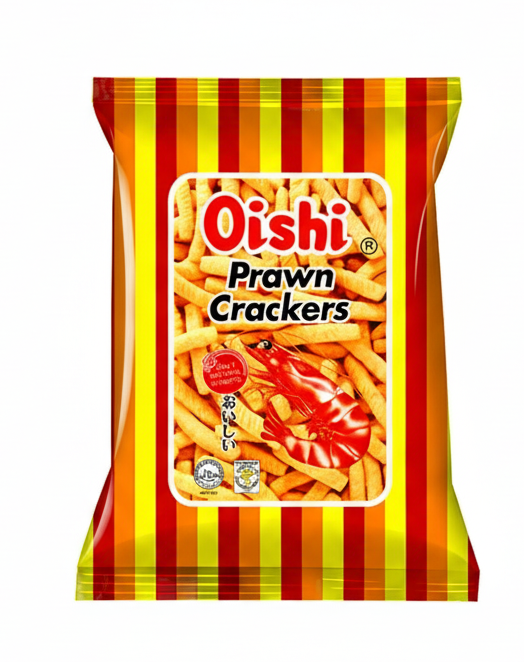 Pack of Oishi Prawn Crackers with red and yellow striped packaging on a white background.