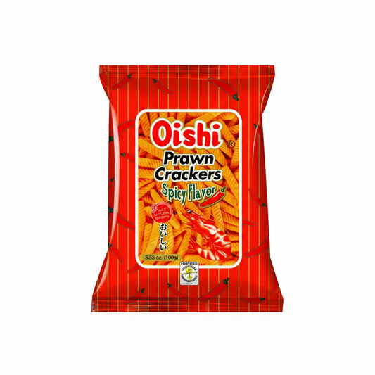 Packaging of Oishi Prawn Crackers Spicy Flavor on a white background