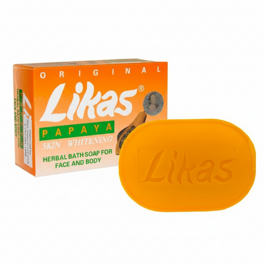 Orange Likas Papaya soap bar and packaging on a white background