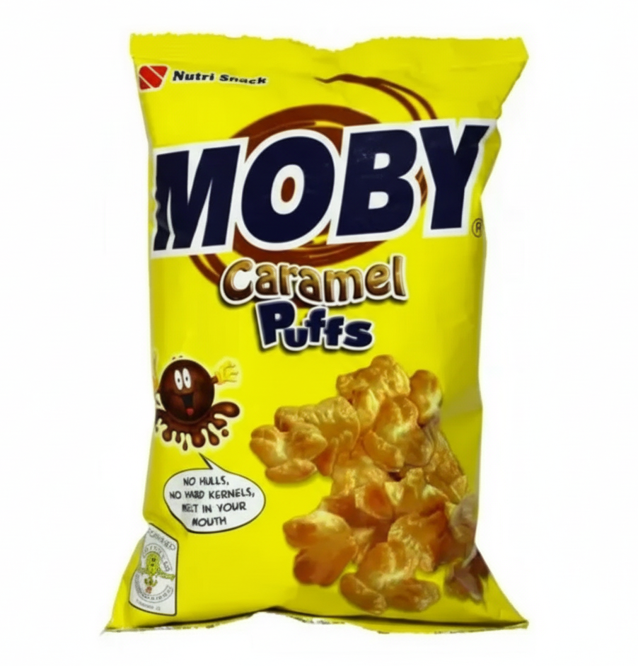 Yellow bag of Moby Caramel Puffs on a white background