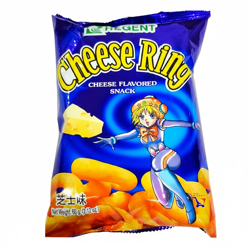 Package of Regent Cheese Ring cheese-flavored snack with cartoon character on a white background