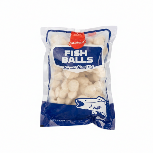Packaged fish balls with Mekeni branding on a white background