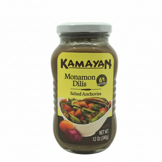 Jar of Kamayan Monamon Dilis salted anchovies on a white background