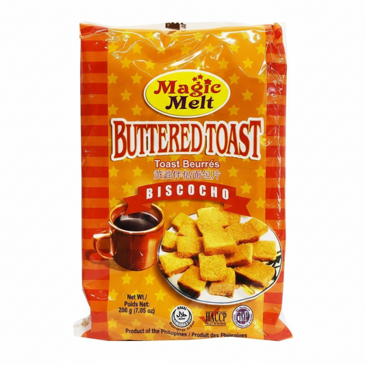 Packaged product of Magic Melt Buttered Toast with a cup of coffee and toast slices on a white background.