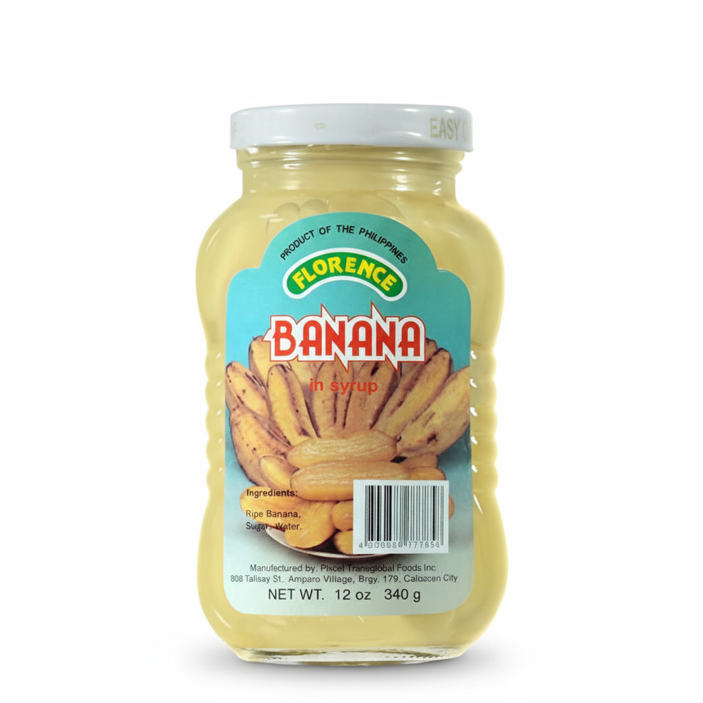 Jar of Florence banana in syrup on a white background