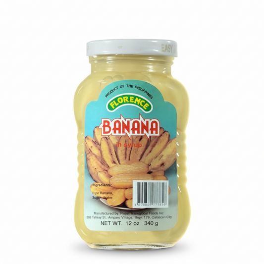 Jar of Florence banana in syrup on a white background