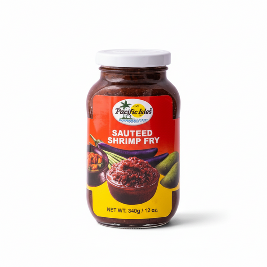 Jar of Pacific Isle Sauteed Shrimp Fry on a white background with a store logo above.