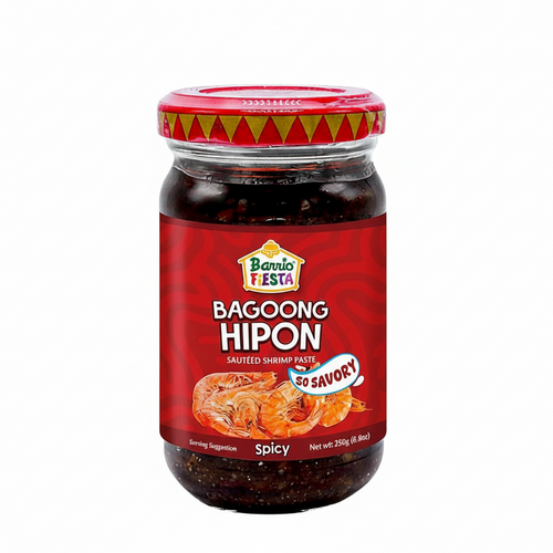 Jar of Bagoong Hipon salted shrimp paste with a red label on a white background.