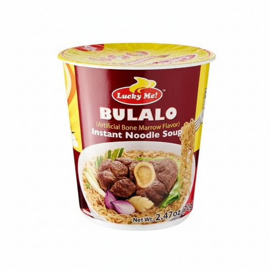 Lucky Me Bulalo instant noodle soup cup on a white background