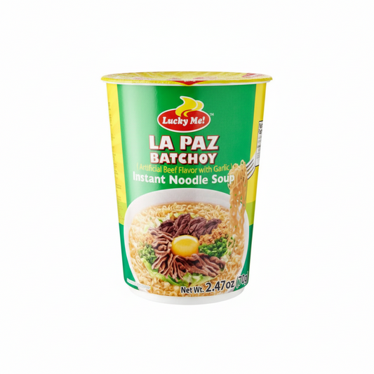 Lucky Me La Paz Batchoy instant noodle soup cup on a white background
