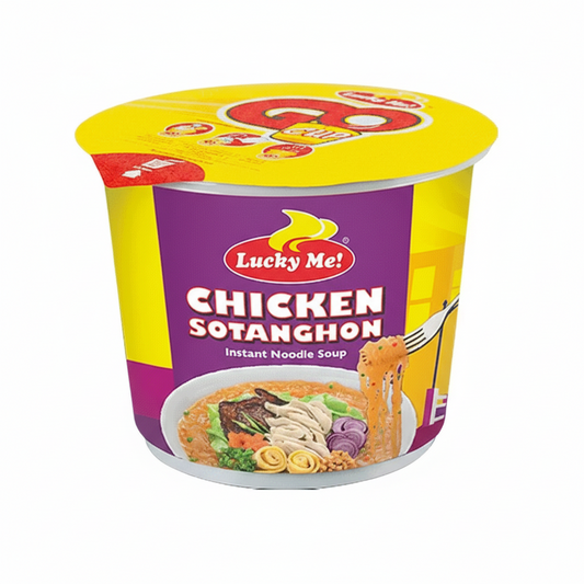 Lucky Me! Chicken Sotanghon instant noodle soup cup packaging on a white background