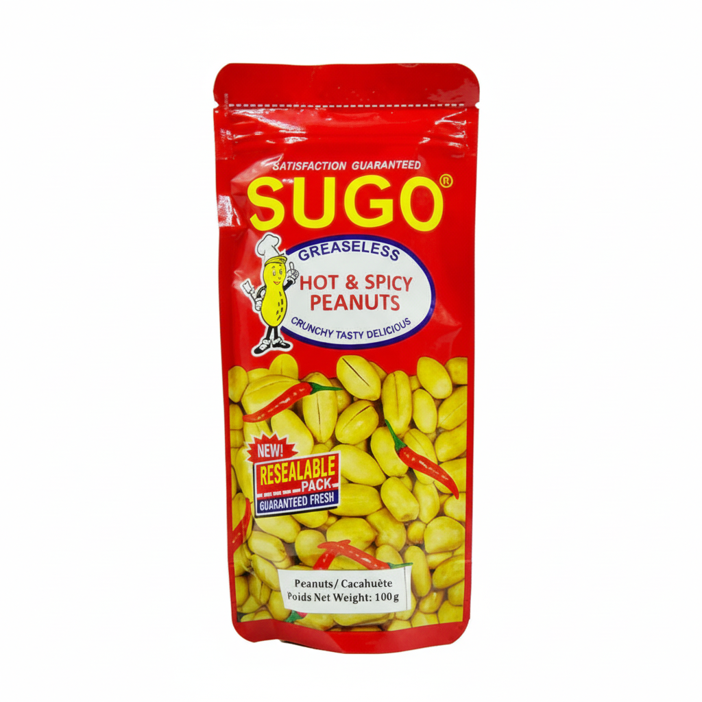 Pack of Sugo Hot & Spicy Peanuts on a white background