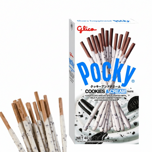 Pocky Cookies & Cream flavor packaging with sticks displayed on a white background