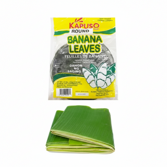 Kapuso Round Banana Leaves packaging with a sample leaf on a white background